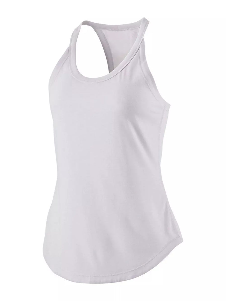 White racerback tank top with a curved hem