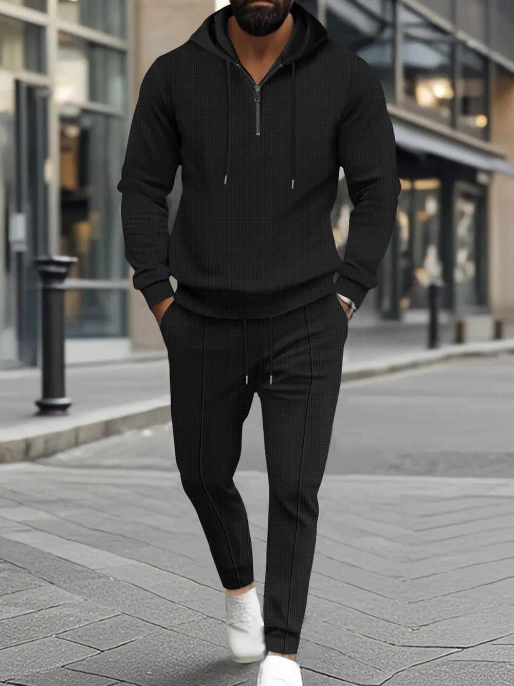 Black textured quarter-zip hoodie and matching jogger pants loungewear set