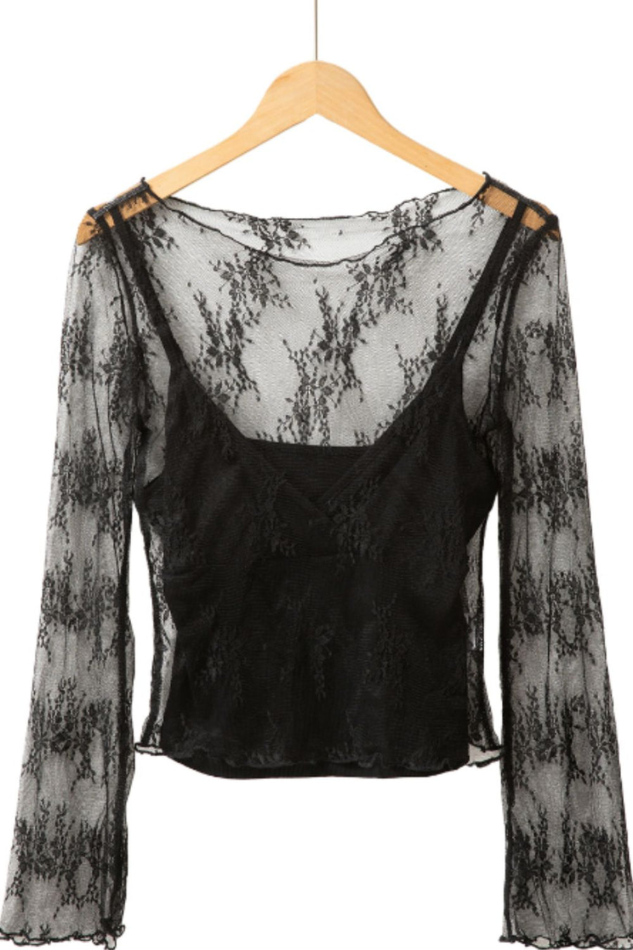 Black floral lace bodysuit with bell sleeves and a cami underlayer.