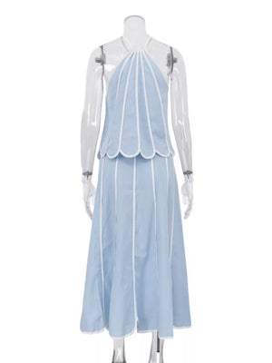 Light blue halter top and midi skirt set with white piping and scalloped hem
