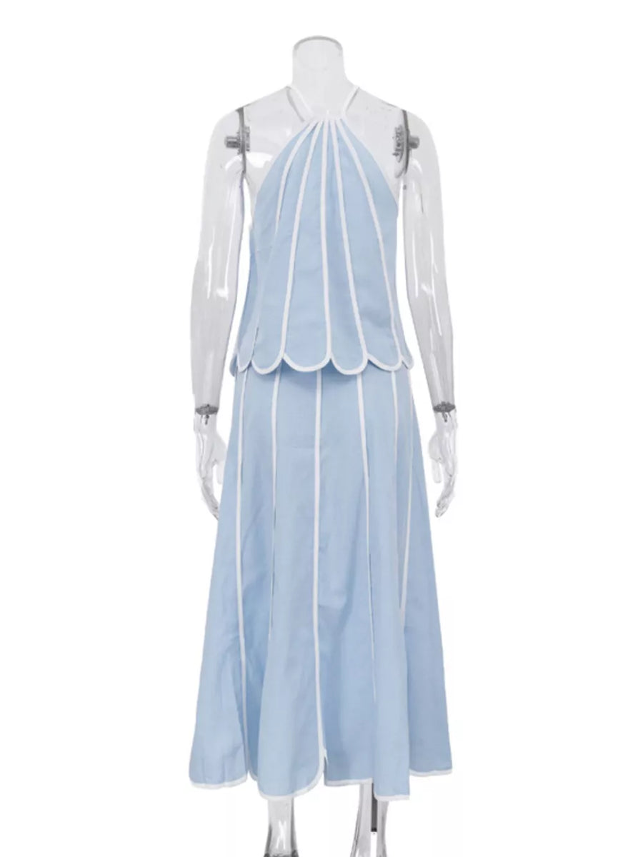 Light blue halter top and midi skirt set with white piping and scalloped hem