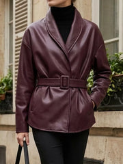 burgundy leather jacket with seam detail and long sleeve