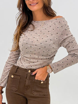Boat neck polka dot long-sleeve tee in khaki with a relaxed fit.