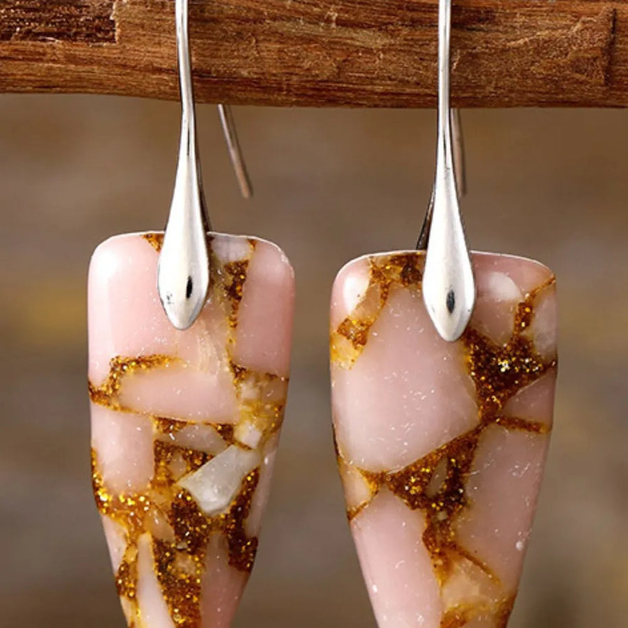 Glitter Vein Stone Drop Earrings in Silver/Pink with gold flecks and veining.