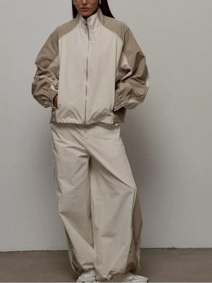 Color Block Zip Up Outerwear And Pants Set in Black