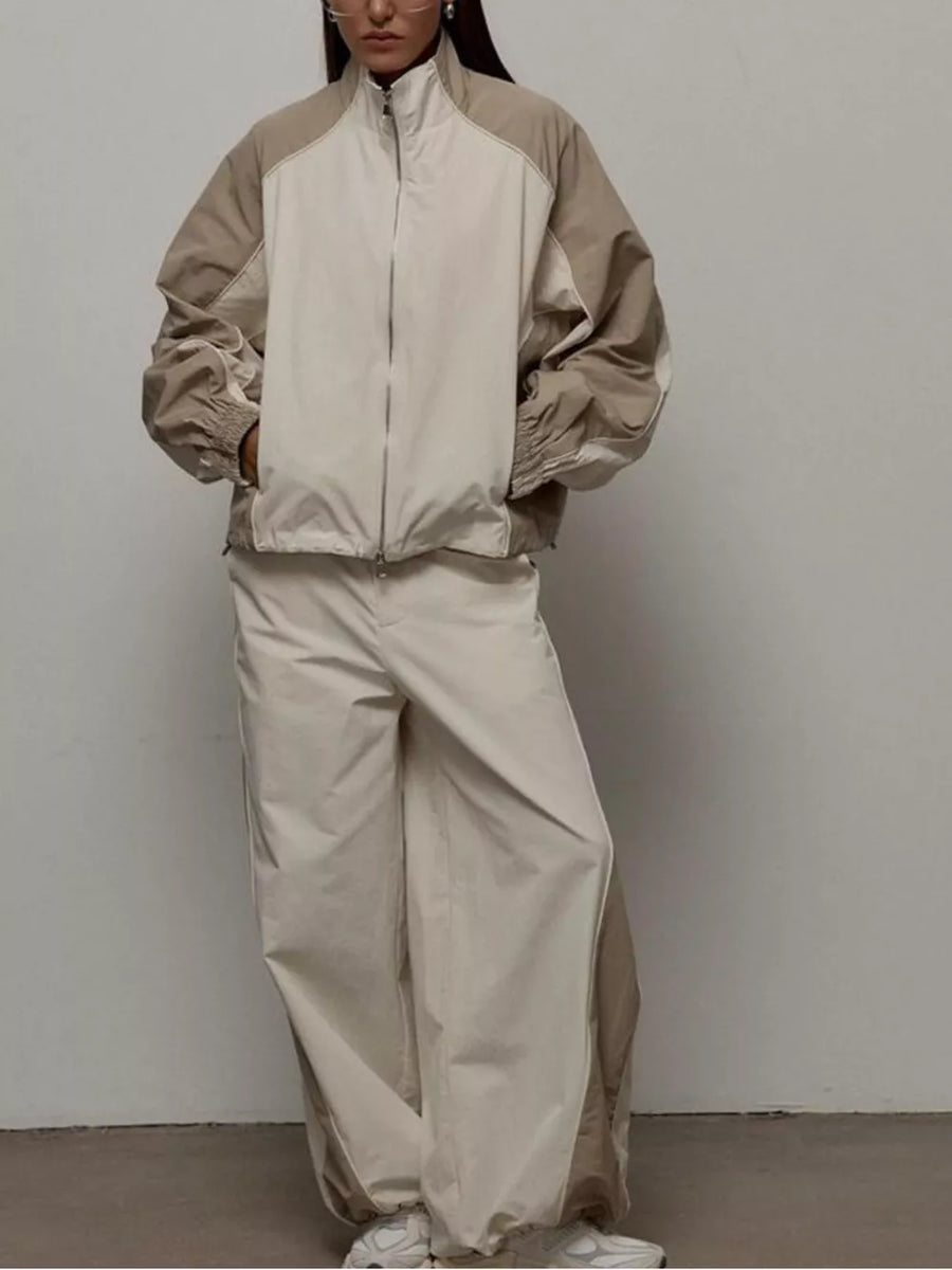 Color Block Zip Up Outerwear And Pants Set in Black