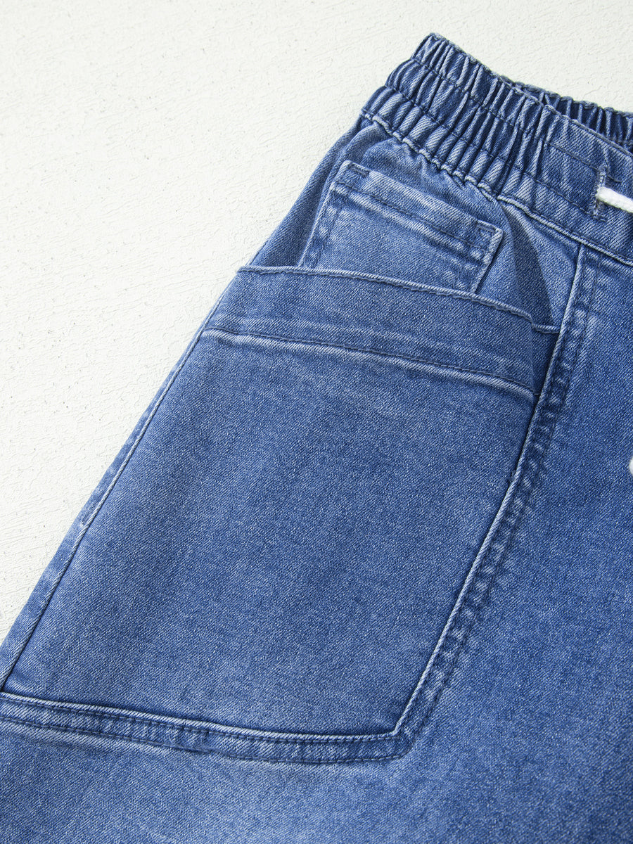 Drawstring Waist Ankle Length Casual Jeans in Dusty Blue with drawstring waist