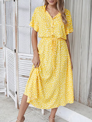Yellow polka dot midi dress with drawstring waist and short sleeves