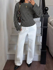Casual Striped Batwing Sleeve T-shirt in dark brown with stretch