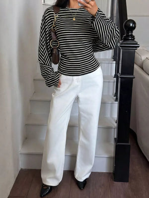Casual Striped Batwing Sleeve T-shirt in dark brown with stretch