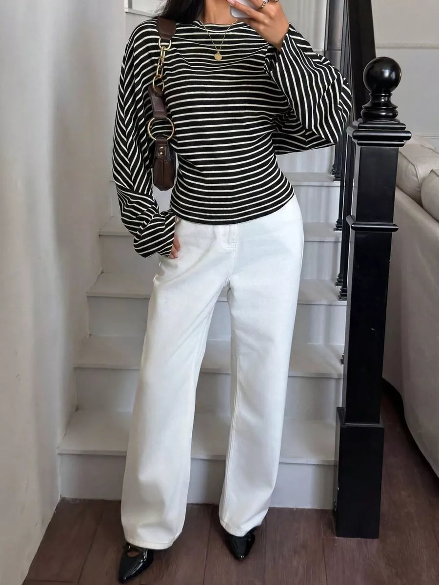 Casual Striped Batwing Sleeve T-shirt in dark brown with stretch