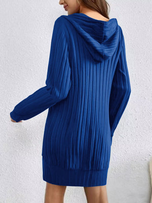 Women's blue ribbed knit hoodie dress with long sleeves and a relaxed fit.