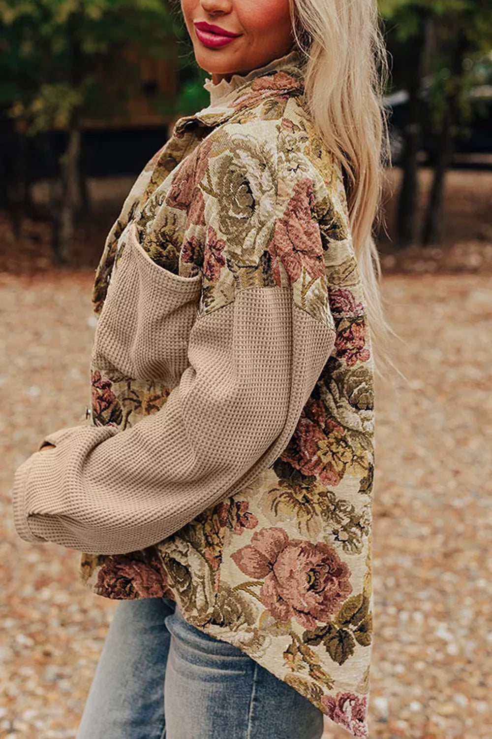 Khaki shacket with hip-length and button-front
