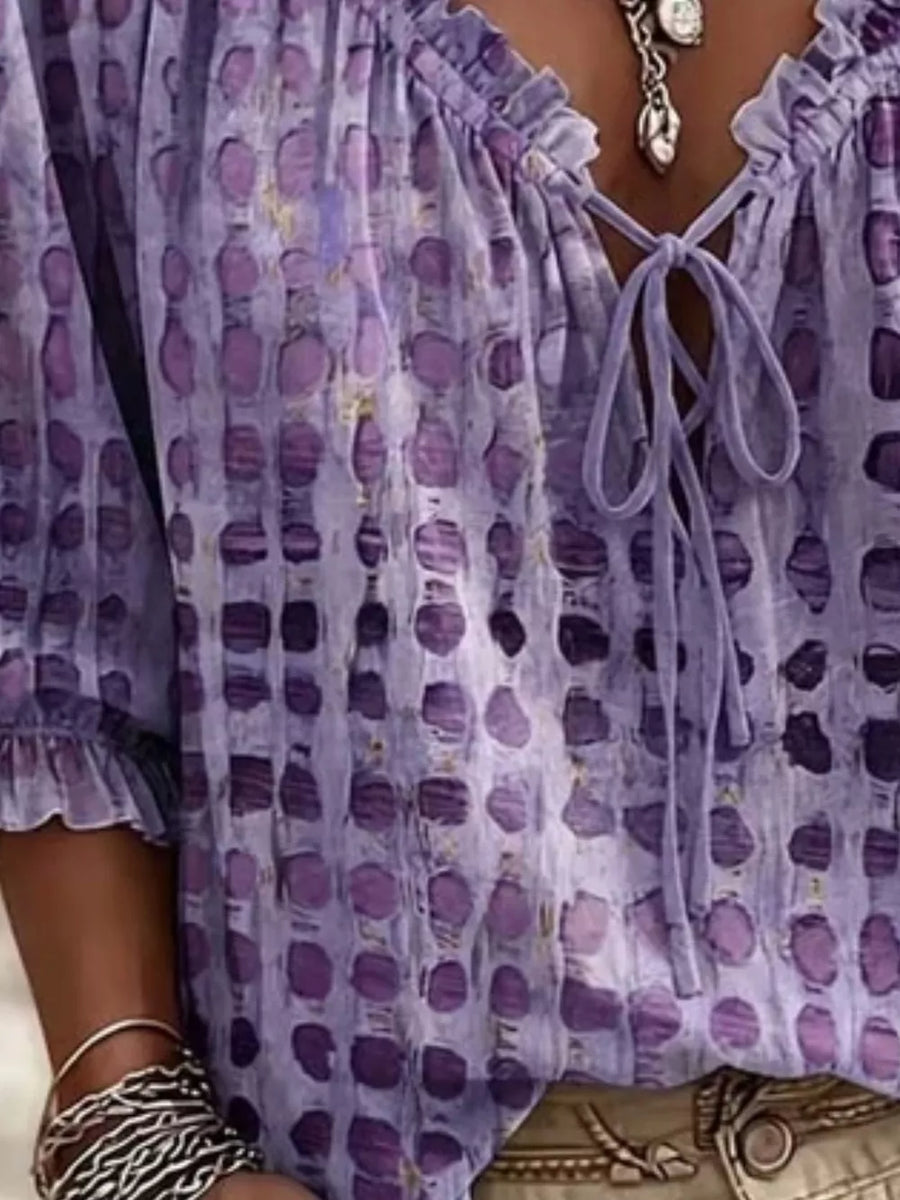 Sherbet Full Size Tie Neck 3/4 Sleeve Blouse Plus Size