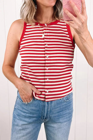 Red and white striped ribbed knit tank top with button detail and red trim.