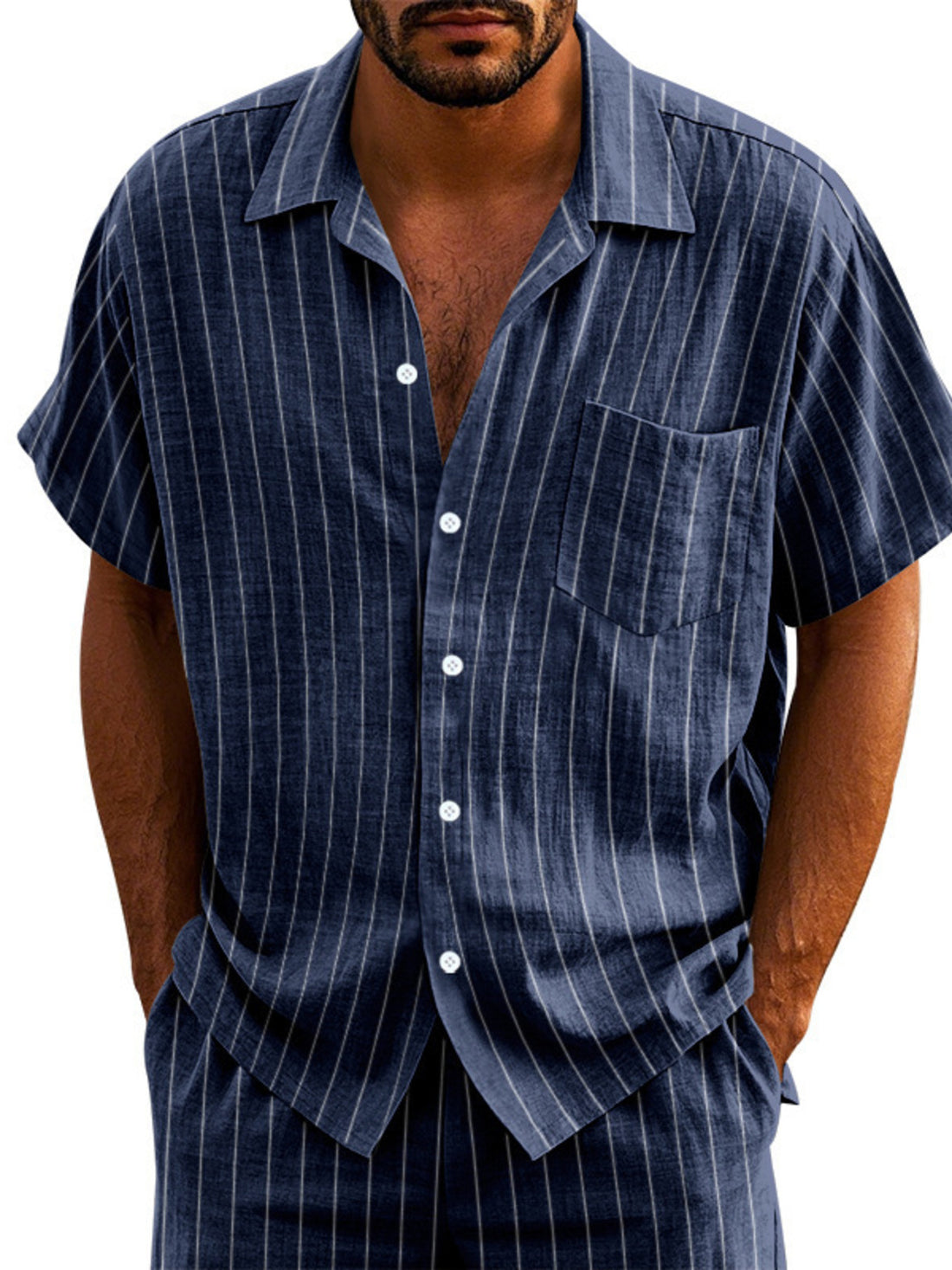 Navy blue striped cotton camp collar shirt with button-down front and chest pocket.