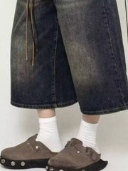 Men's Wide Leg Washed Denim Capris Plus Size in Dark