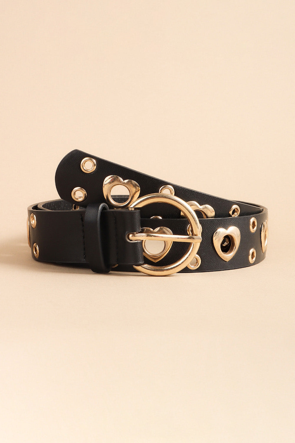 Black leather belt with gold heart cutouts and alloy buckle