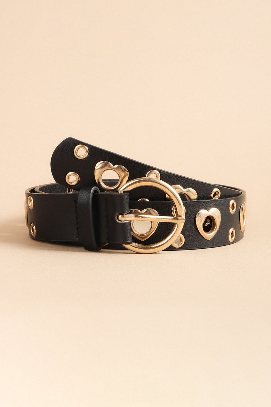 Black leather belt with gold heart cutouts and alloy buckle
