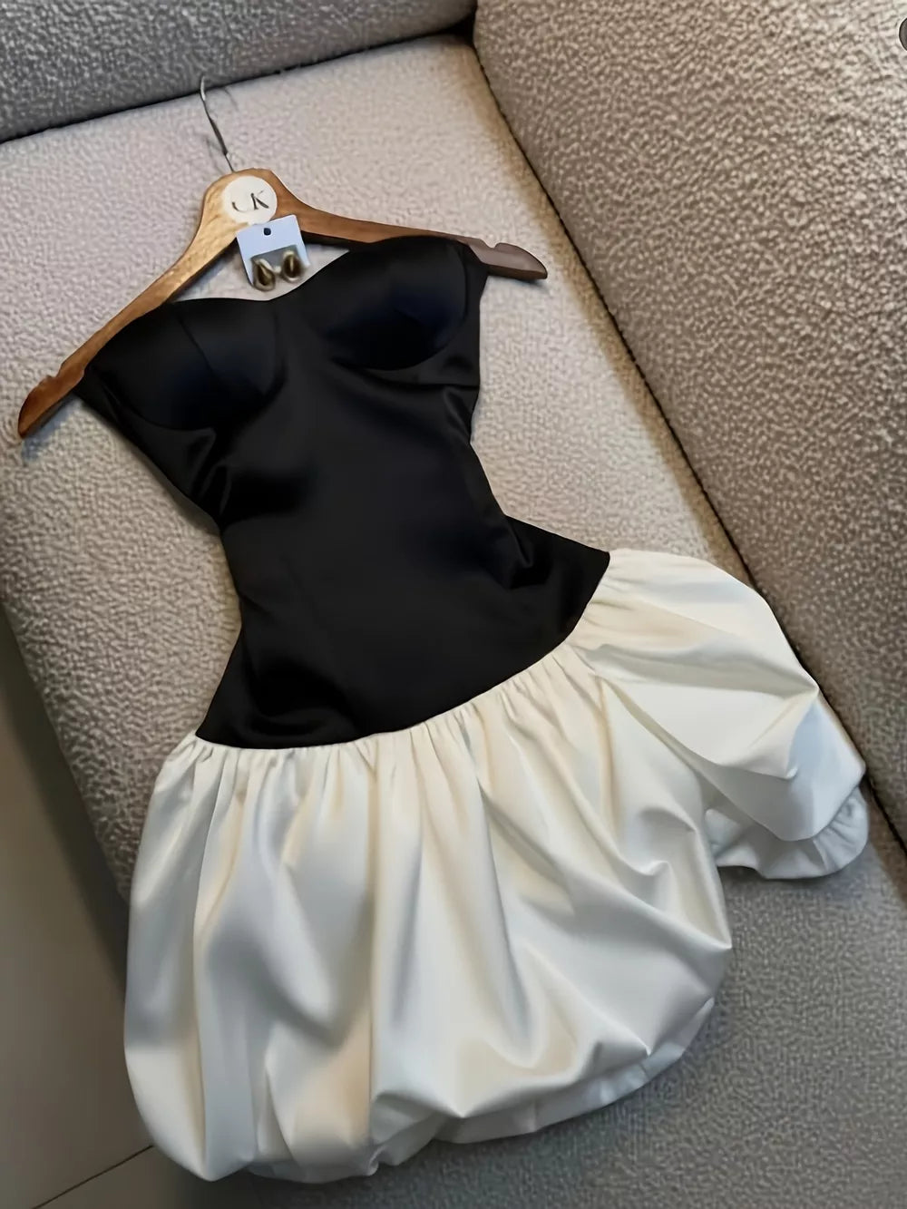black mini dress with color-block and strapless