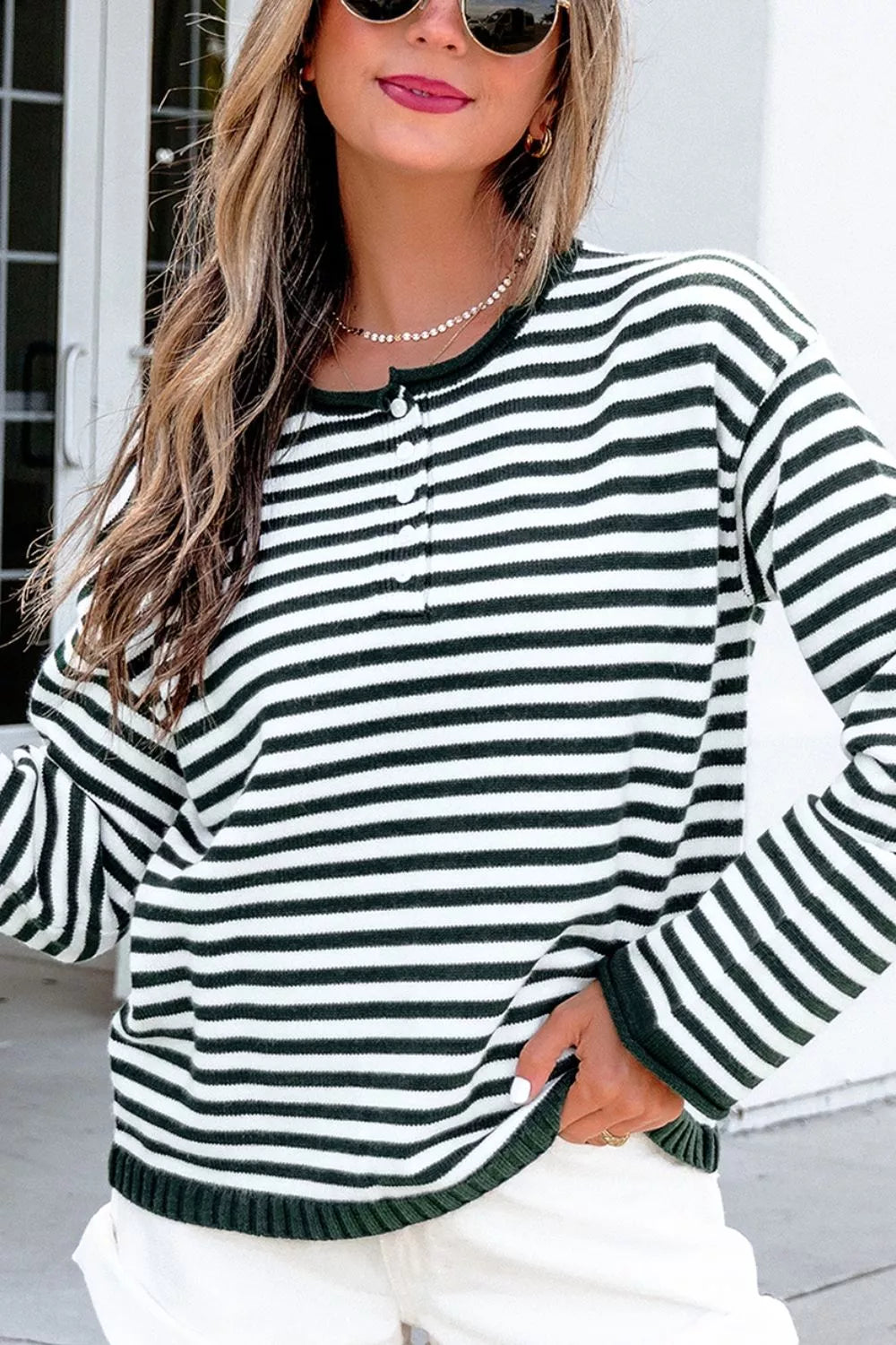 Striped Button Placket Drop Shoulder Sweater in Blush Pink
