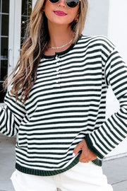 Striped Button Placket Drop Shoulder Sweater in Blush Pink