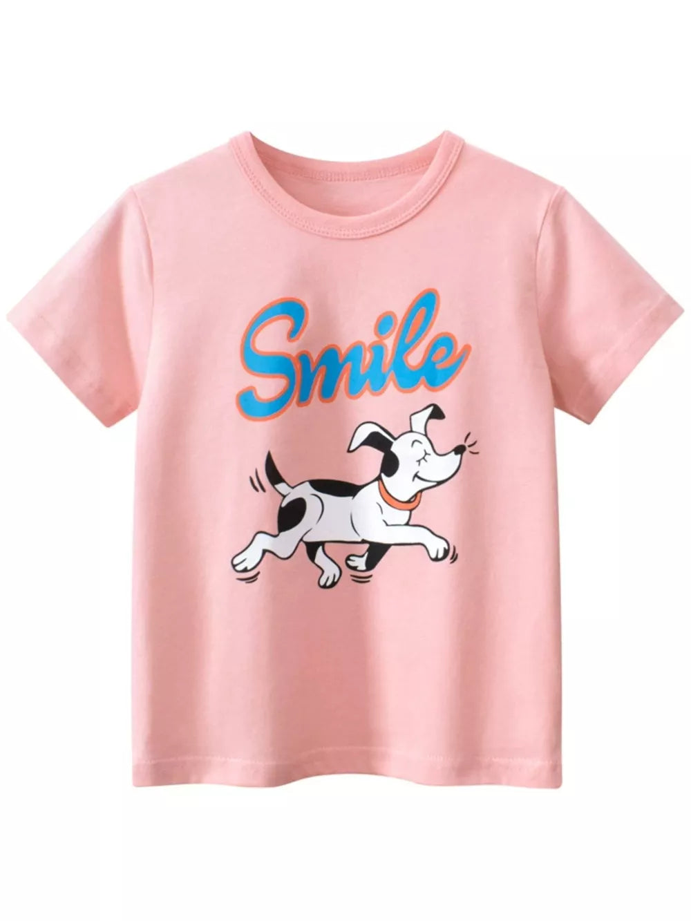 Pink t-shirt with cartoon dog and "Smile" graphic