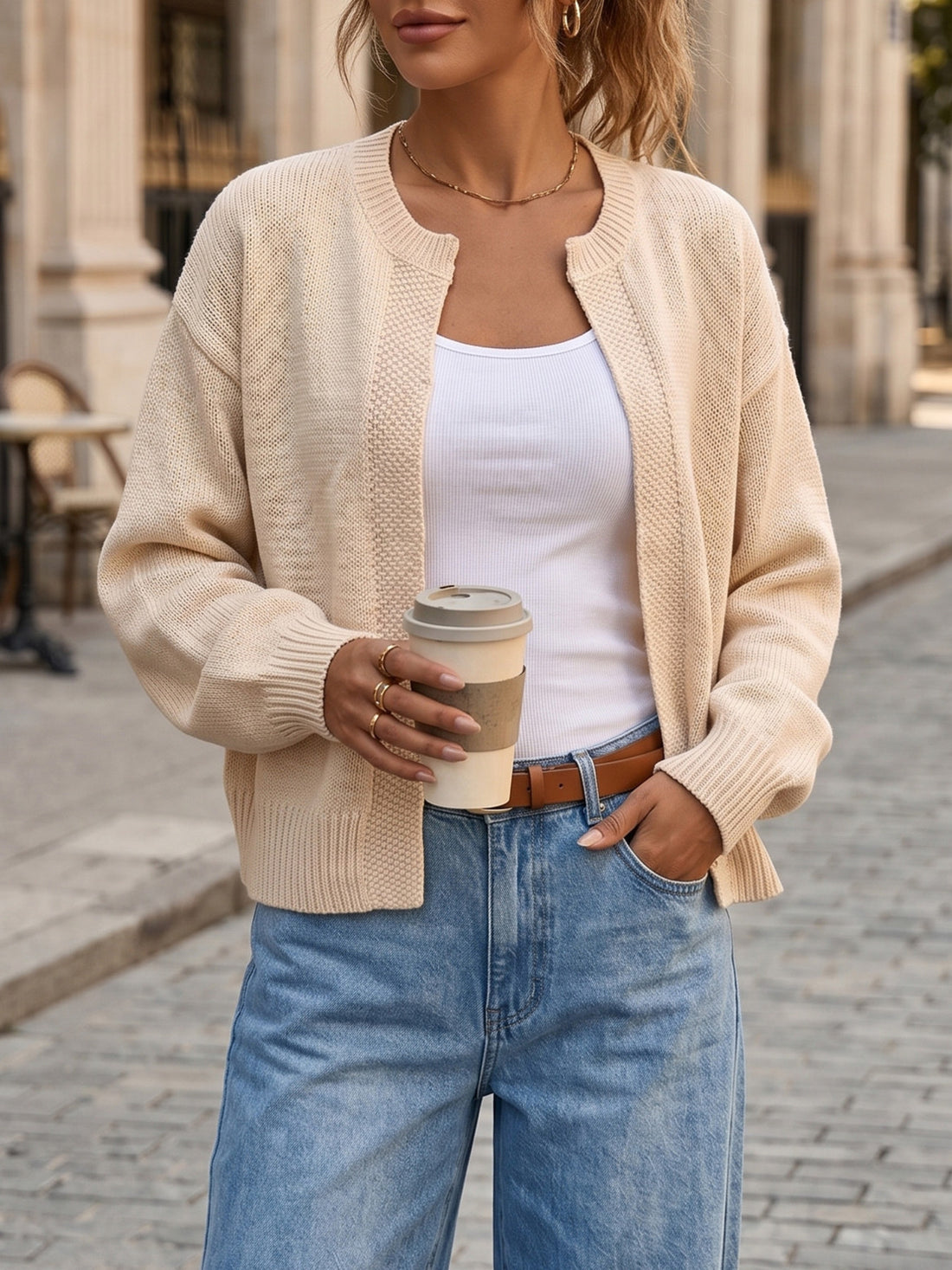 classic cardigan in blush pink with round neck