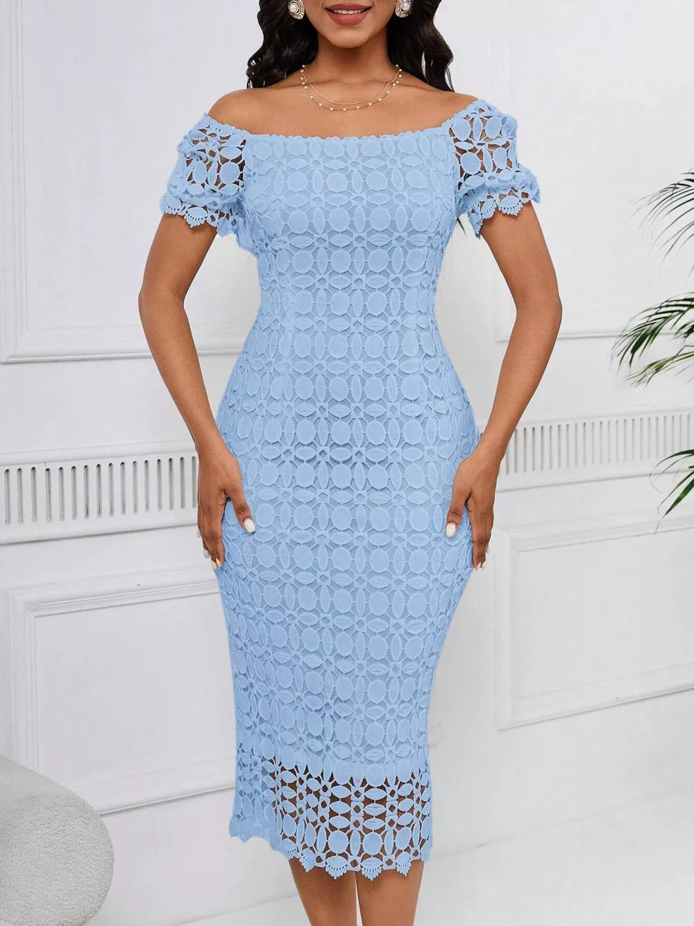 Light blue lace off-the-shoulder midi dress with short sleeves and scalloped hem