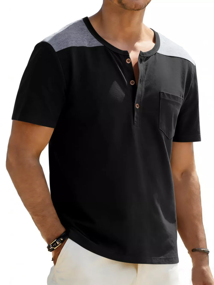 Men's black short sleeve henley t-shirt with gray shoulder detail and chest pocket.