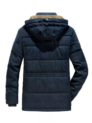 Dark blue hooded parka with sherpa lining and buttoned closure detail.