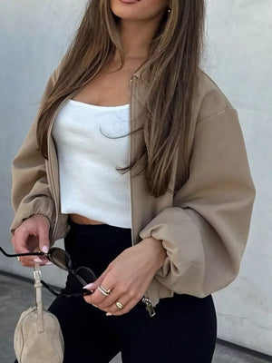 Khaki bomber jacket with cropped and zip-front
