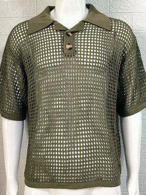 Open-knit polo shirt in Army Green with pointed collar and two button placket.
