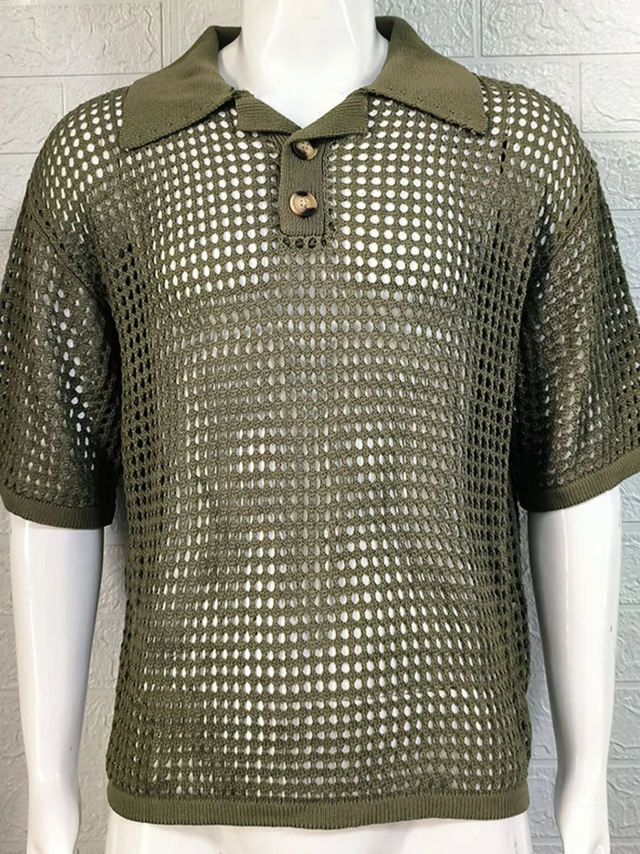 Open-knit polo shirt in Army Green with pointed collar and two button placket.