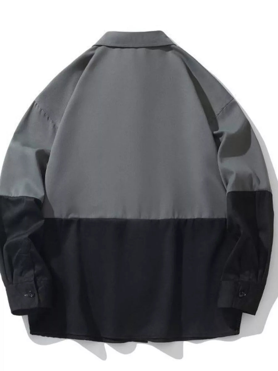 Two-tone oversized casual button-down shirt in grey and black color-block.