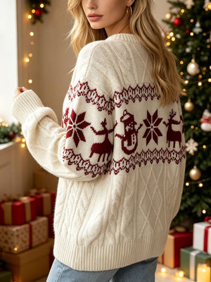 pullover sweater in ivory with Fair Isle and cable-knit