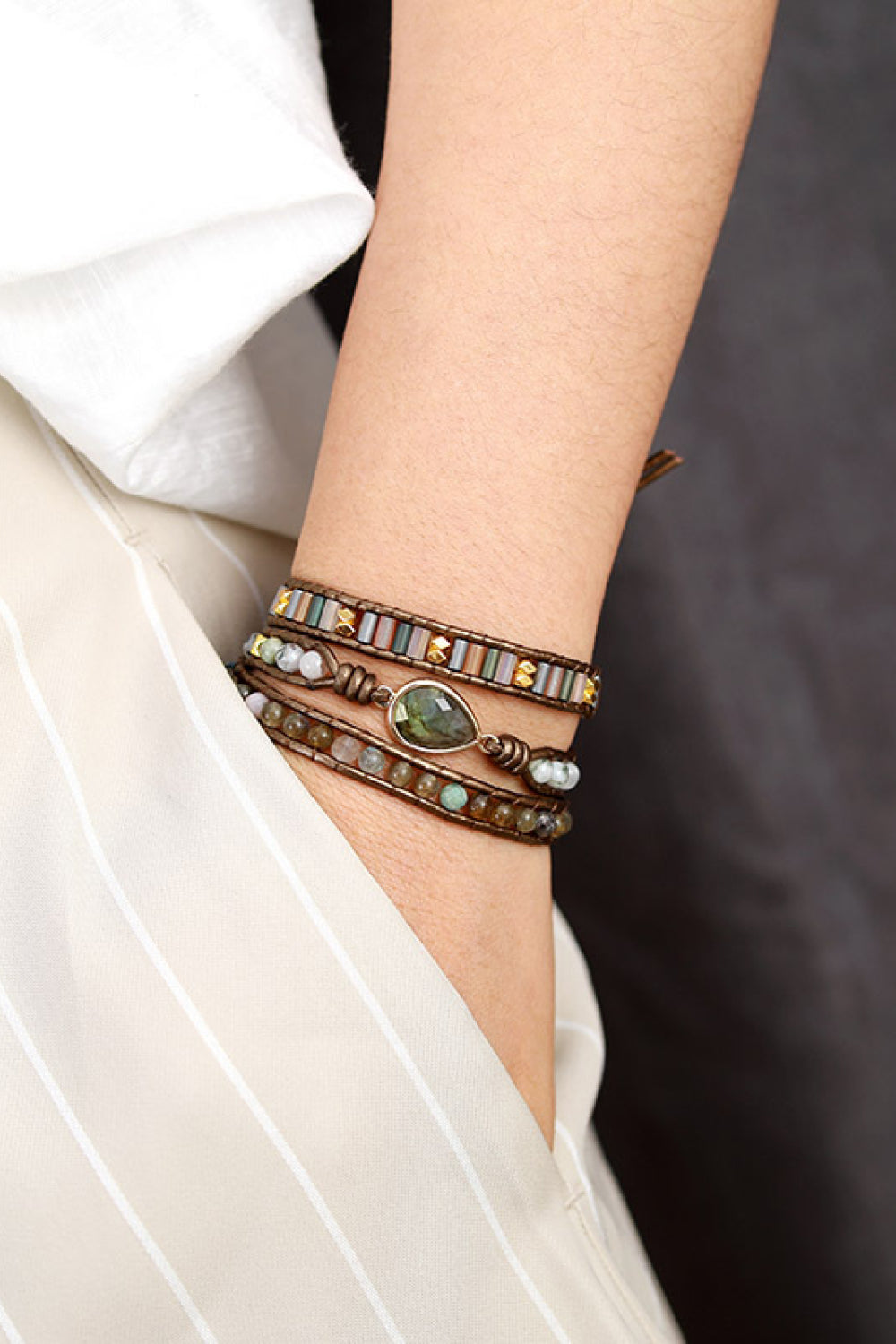 Bohemian wrap bracelet with agate gemstone focal and beaded details on mocha leather.
