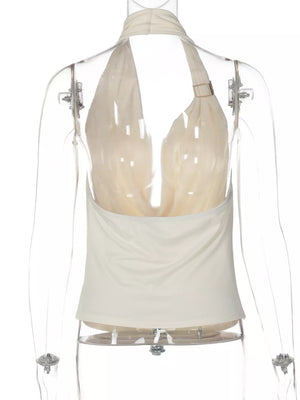 Apricot cowl neck ruched tank top with gold detail and halter straps.