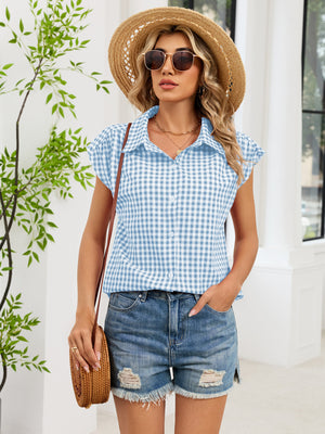 Plaid Button Up Cap Sleeve Shirt in Black