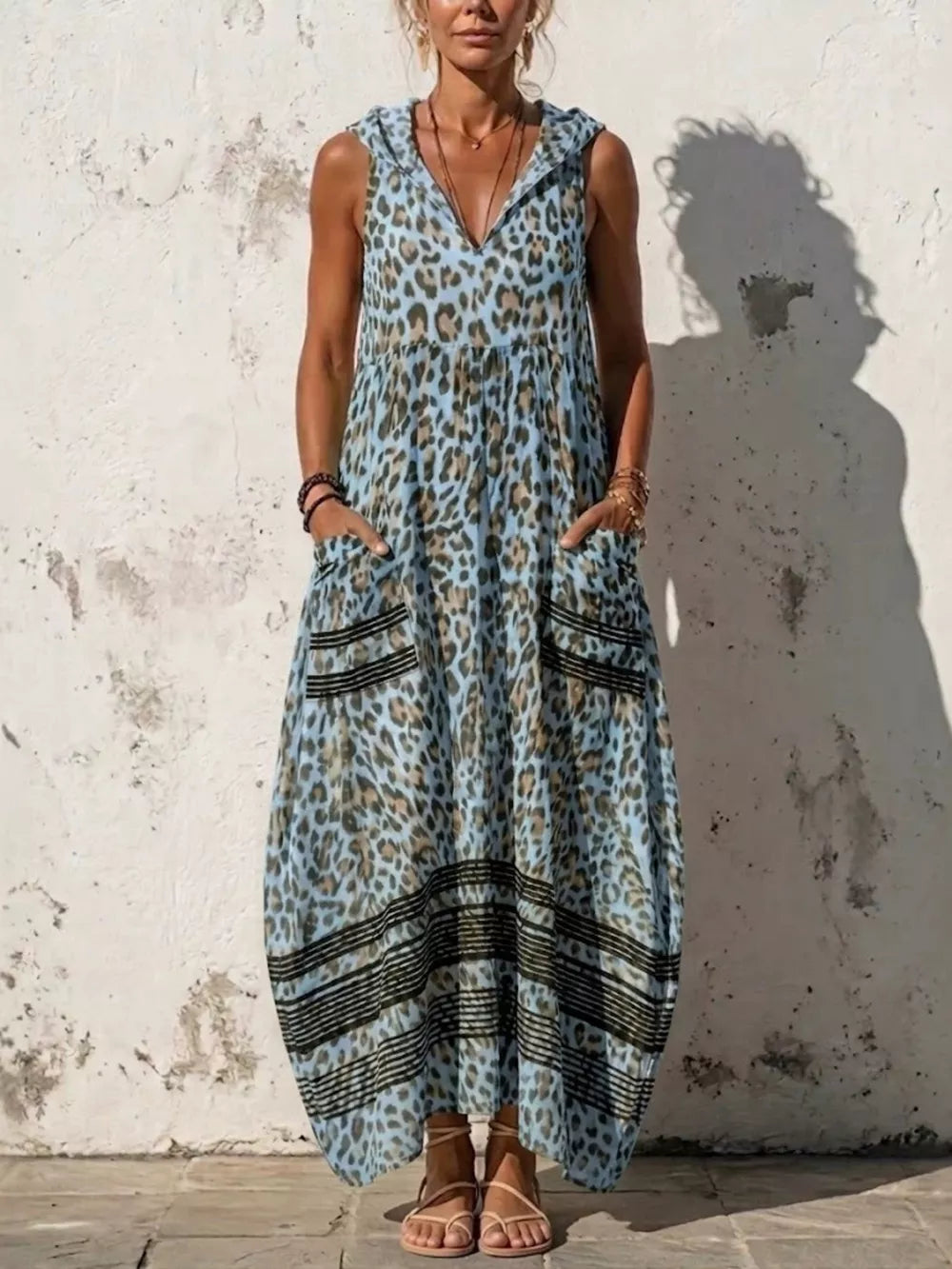 Blue Sleeveless Hooded Leopard Print Maxi Dress