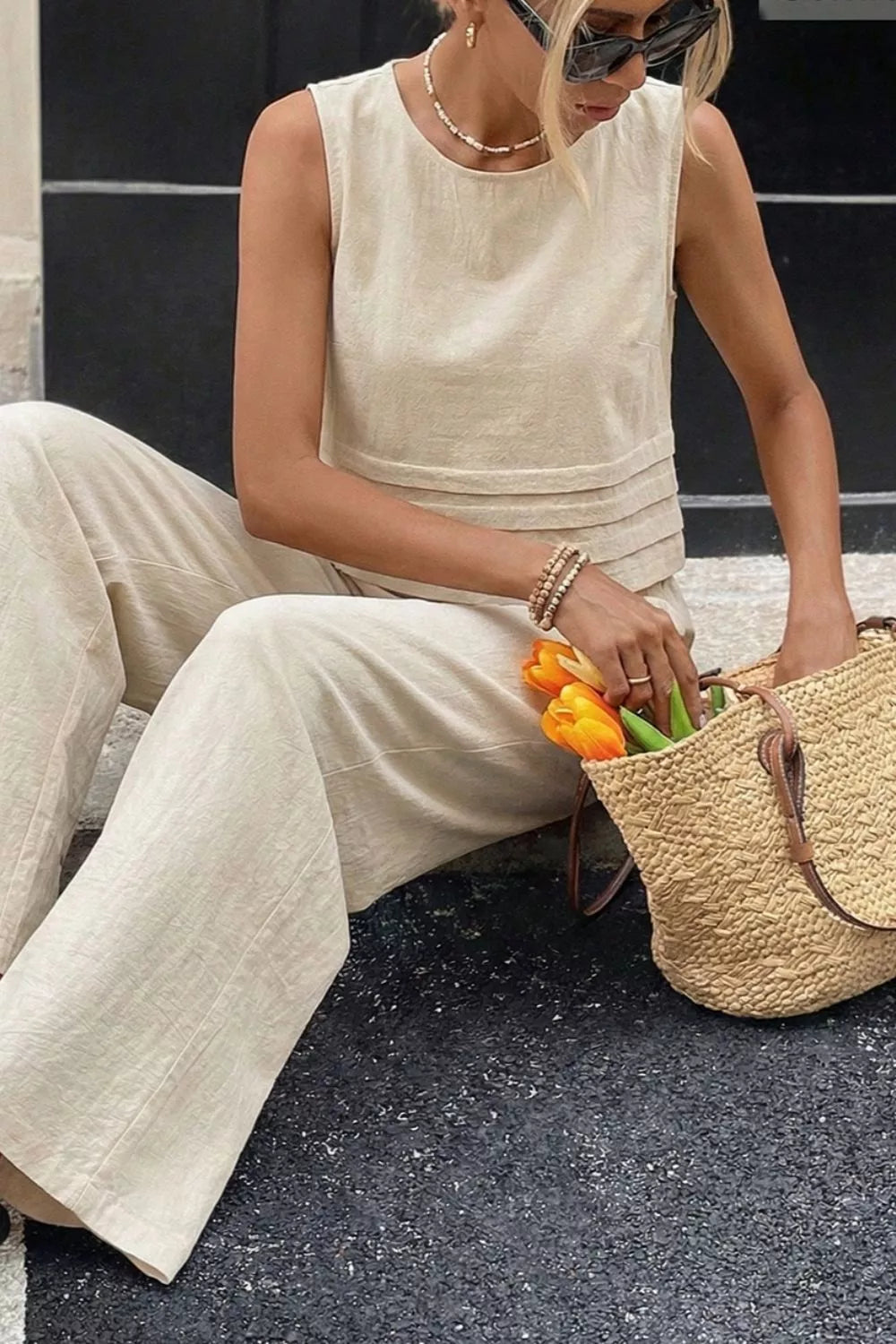 Sleeveless Top And Wide-leg Pants Set in Moss