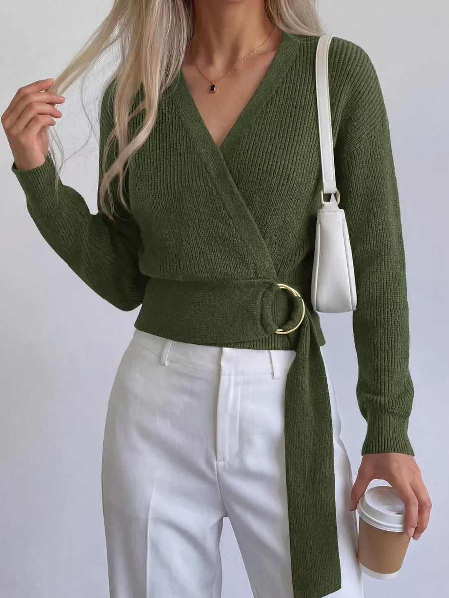 Burgundy wrap sweater with dropped shoulder and long sleeve