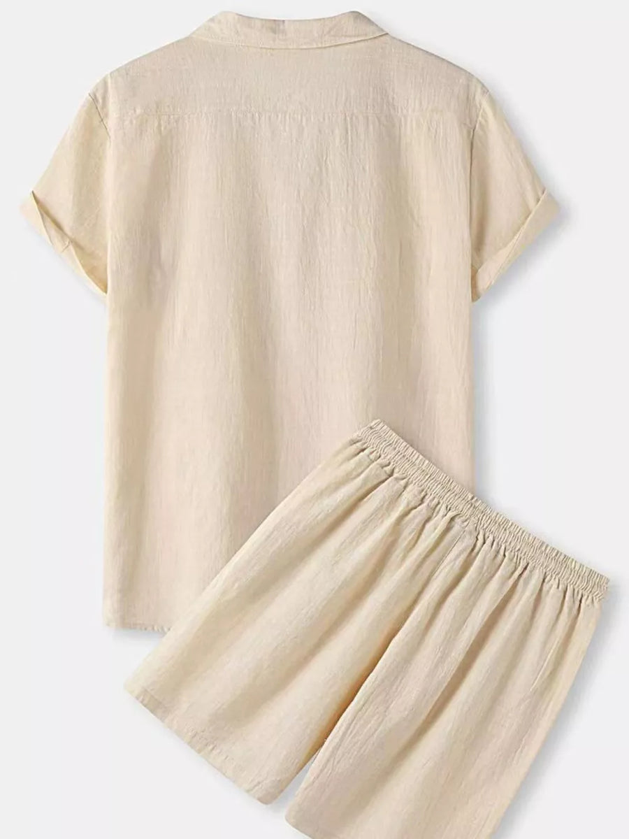 Light beige linen blend short sleeve collared shirt and elastic waist shorts set