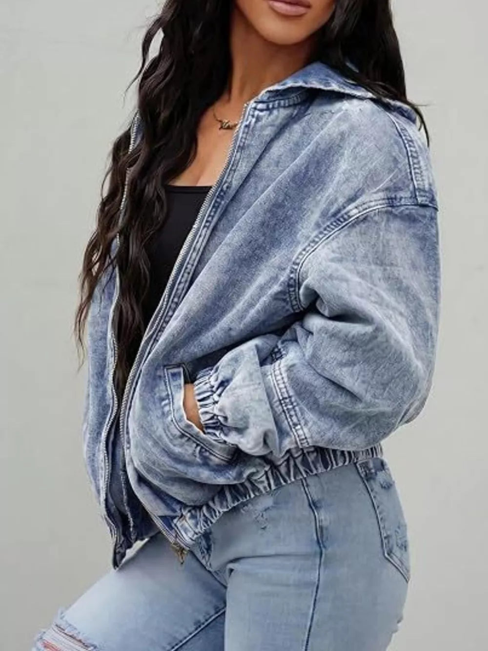 vintage-inspired denim jacket in charcoal with hooded
