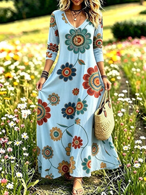 maxi dress in Sky Blue with floral and stretch
