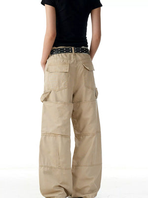 Khaki wide-leg cargo pants with multiple pockets and a relaxed fit.