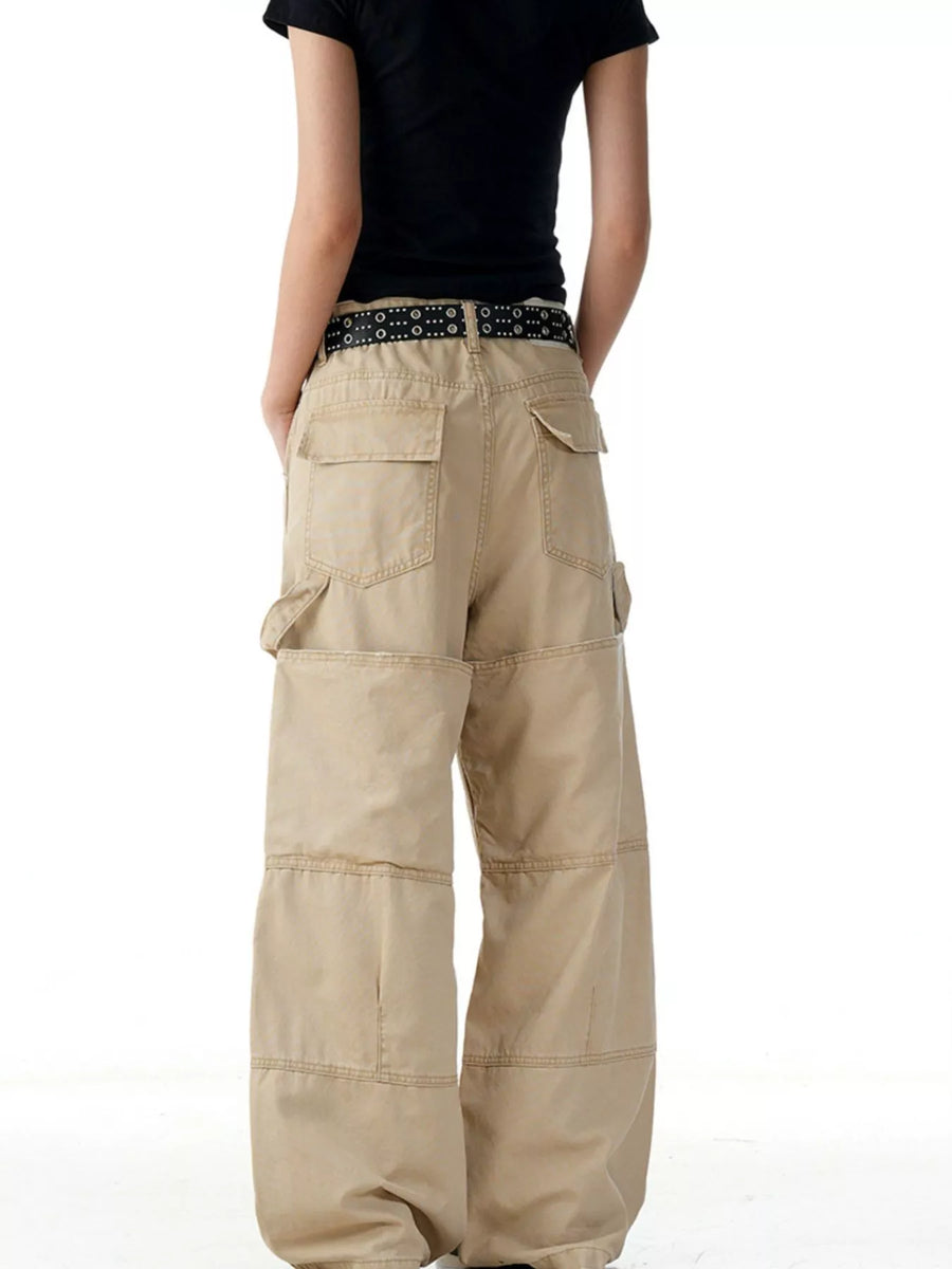 Khaki wide-leg cargo pants with multiple pockets and a relaxed fit.