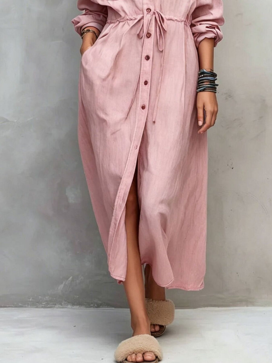 shirt dress in Navy with collared and long sleeve