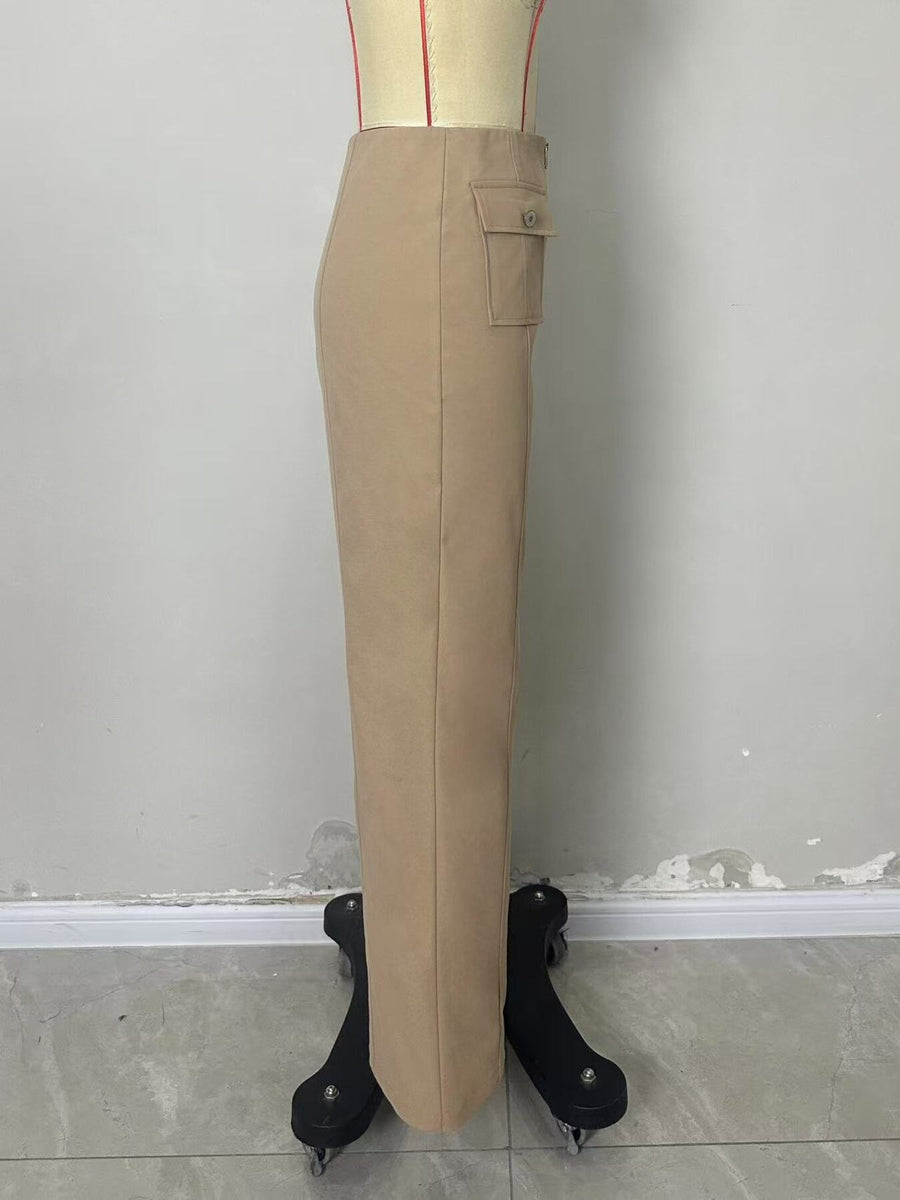 Khaki wide-leg pants with full-length and zip-front
