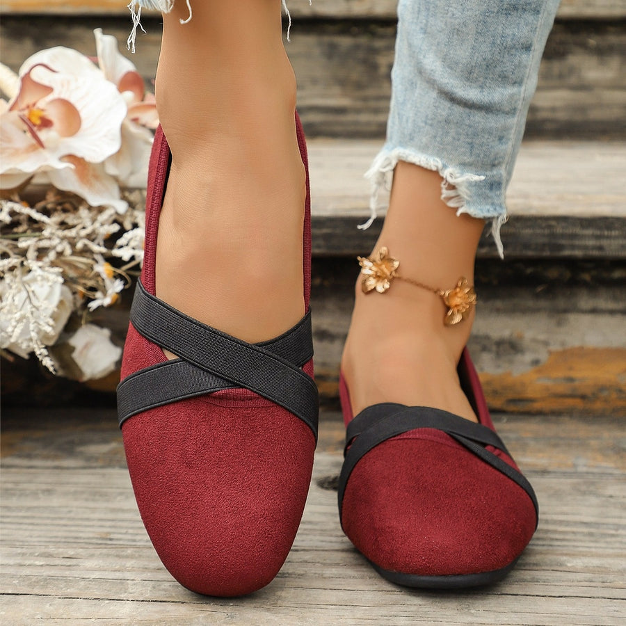 Suede Cross-Strap Slip-On Loafers in Beige with cross-strap